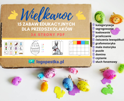Wielkanocne zabawy edukacyjne dla przedszkolaków. 15 zabaw, 34 strony PDF
