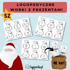 Logopedyczne WORKI Z PREZENTAMI z głoską SZ | 48 kart | Mikołajki | Boże Narodzenie | logopedia