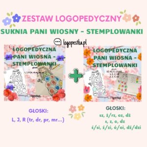 ZESTAW Logopedyczna SUKNIA PANI WIOSNY - STEMPLOWANKA głoski sz, ż, cz, dż, s, z, c, dz, ś, ź, ć, dź +L, J, R (tr, dr, pr, mr, br...) | LOGOPEDIA