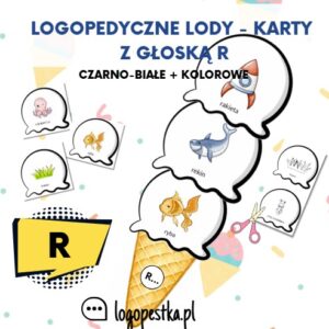 Logopedyczne LODY - KARTY z głoską R nagłos, śródgłos, wygłos (R, TR, DR...) | czarno-białe i kolor | LOGOPEDIA